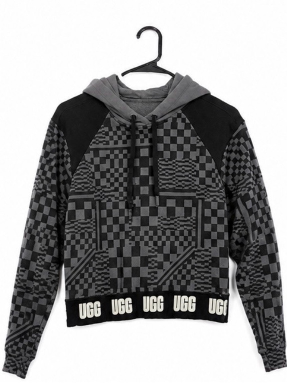 UGG Black & Gray Checkerboard Logo Hem Hooded Sweater
